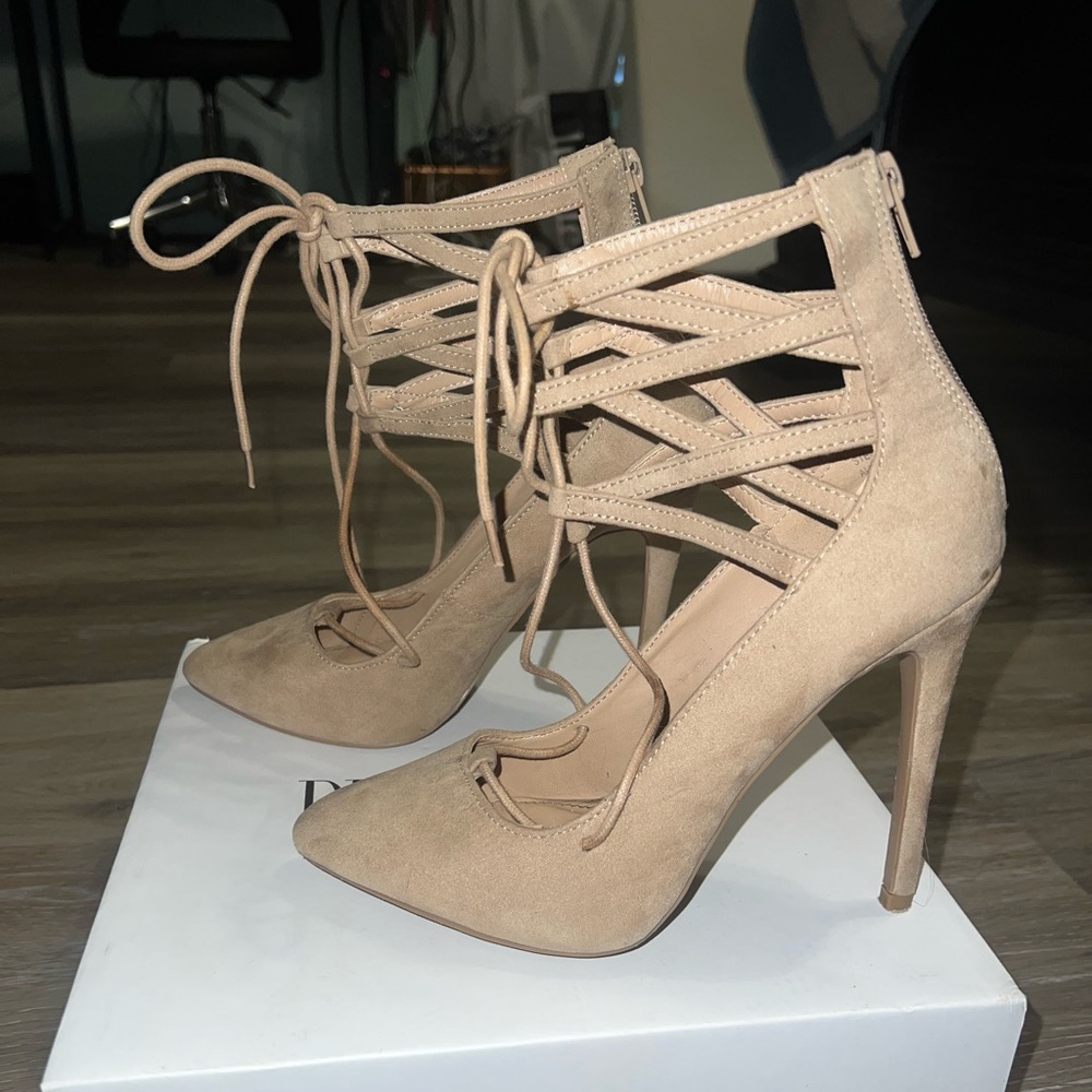 Nude, suede heels
